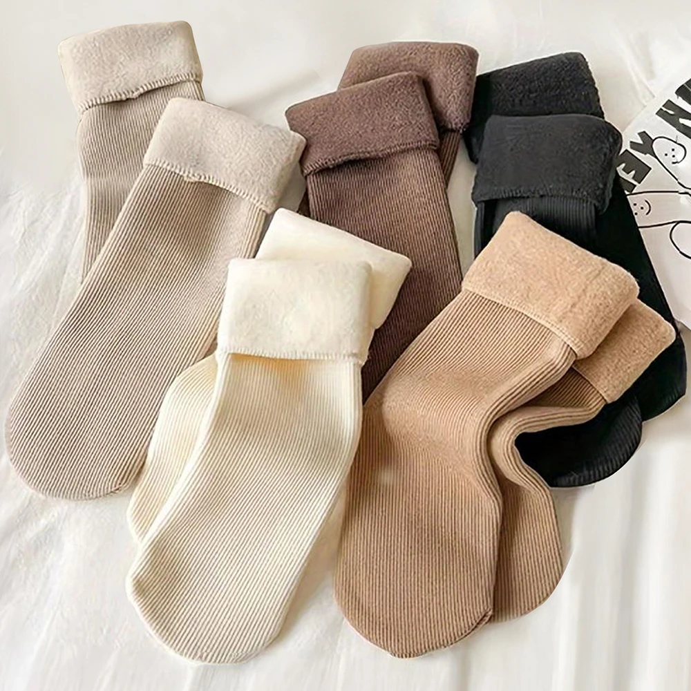 5 Pairs Winter Warm Solid Women Socks Thicken Thermal Socks Wool Cashmere Black Skin Seamless Snow Sock Velvet Unisex Socks