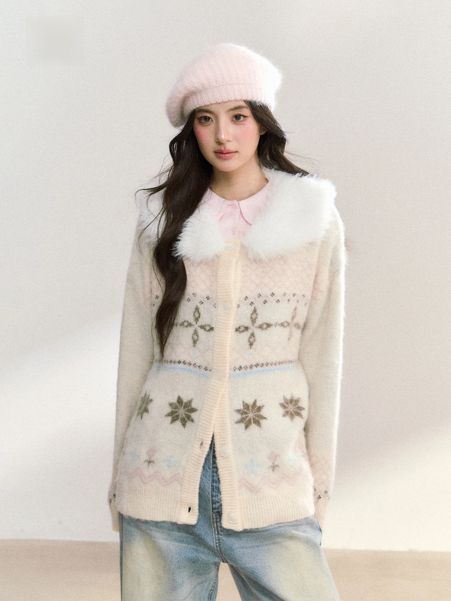 

FPMZ Detachable Fur Collar Fair Isle Knitted Open Cardigan Loose Sle Korean College Sle Sweater Outerwear Slimming Effect