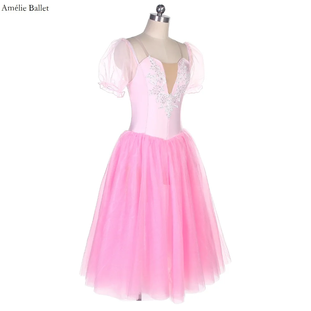 19024 جديد الوردي دنة صد نفخة الأكمام الزهور البيضاء تقليم الفتيات l والنساء فستان رقص الباليه رومانسية فستان طويل الباليه #3