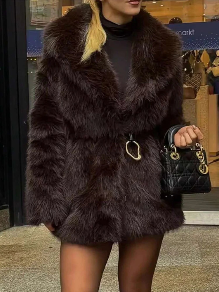 

TFMLN женские зимние роскошные пальто из искусственного меха с поясом, винтажная свободная куртка с лацканами и длинными рукавами, модная утепленная женская верхняя одежда