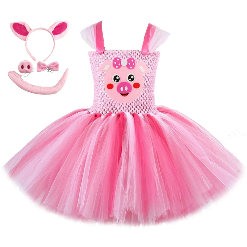 Pink Pig Tutu Dress for Baby Girls Birthday Party Dresses Children Halloween Cosplay Costumes Toddler Kids New Year Clothes Set