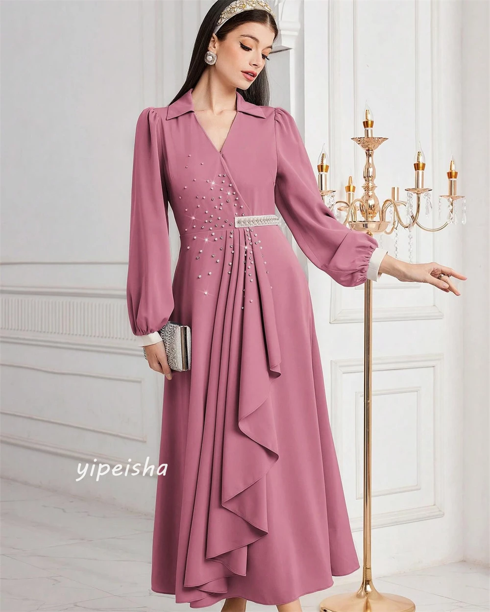 Chiffon Draped Pleat Beading Evening A-line V-Neck Bespoke Occasion Gown Midi Dresses