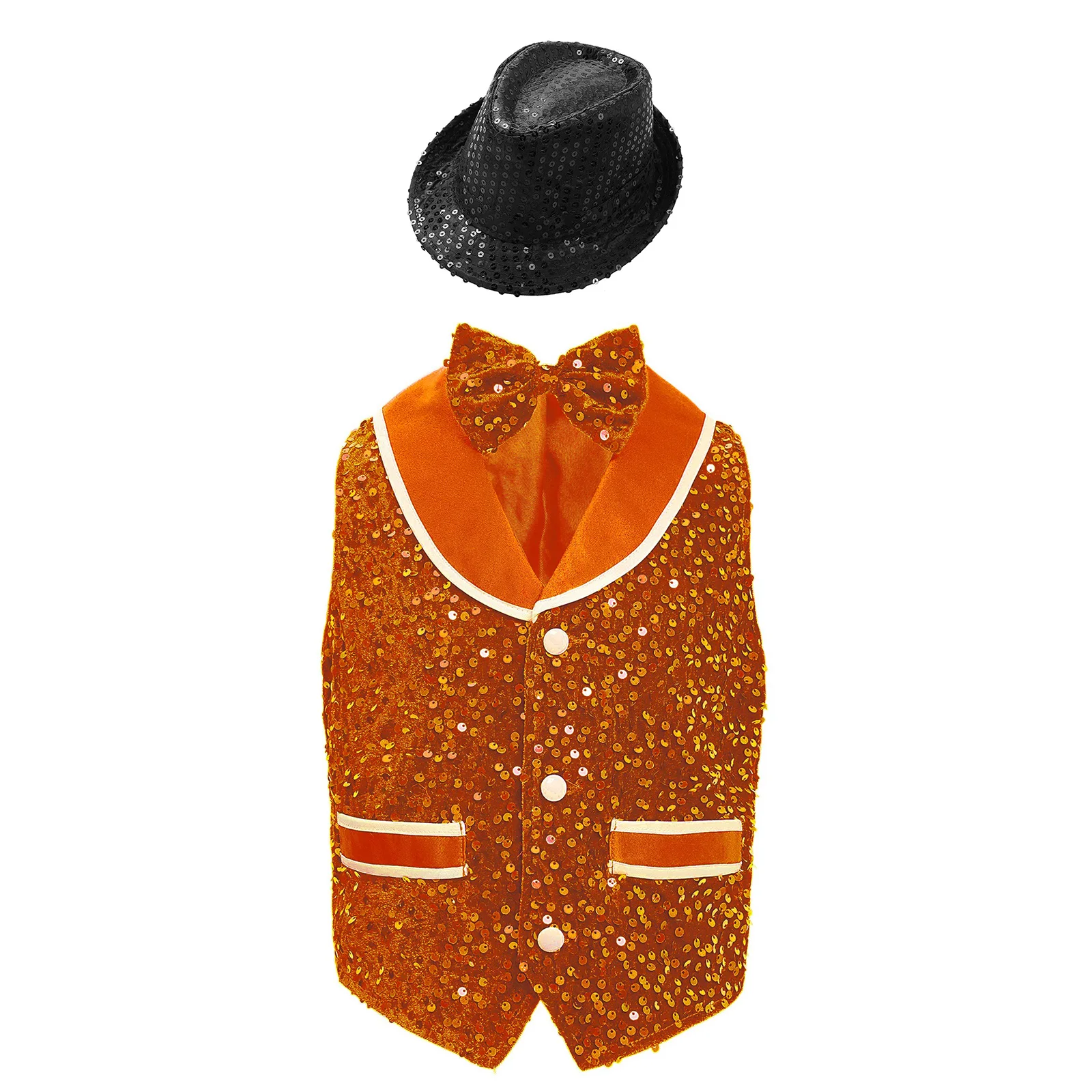 

Kids Boys Girls Jazz 70s 80s Disco Dance Top Gentleman Sparkling Sequins Velvet Vest Buttons Waistcoat with Bowtie and Hat Set