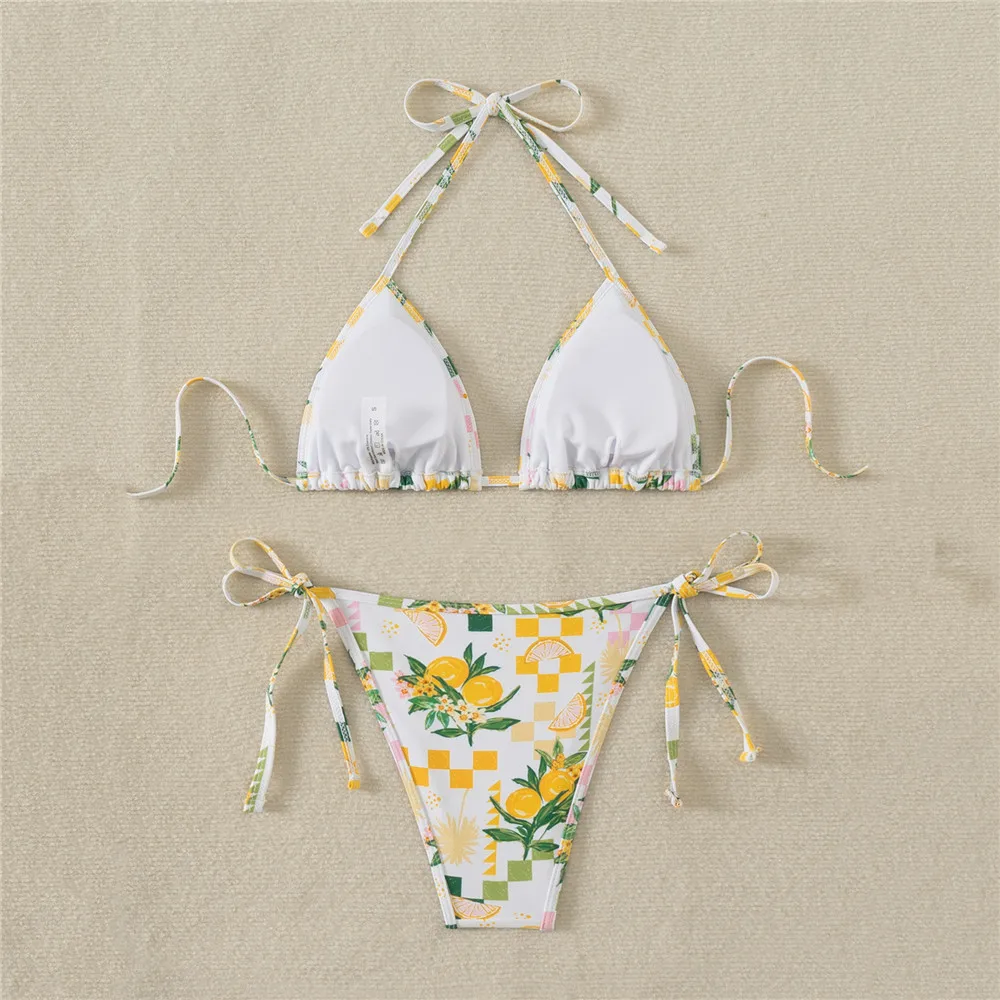 Yellow Floral Leaf Print String Halter Swimwear Thong Micro Bikini Set Damen Sexy Swimsuit Women 2025 Bathing Suit Mini Bikinis