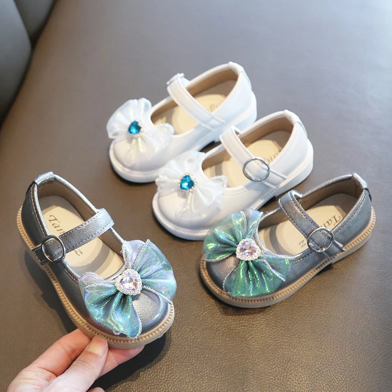 

Spring 2023 New Children's Leather Shoes Chic Little Girls Bow Lace Sweet Princess Korean Style Rhinestones Mary Jane Casual PU