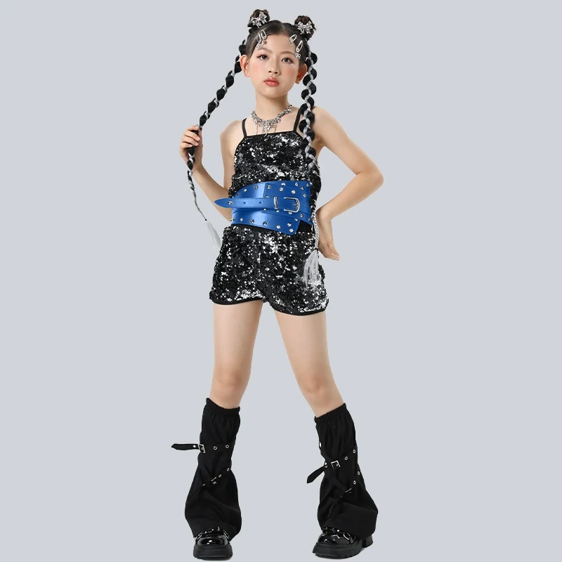 Mode Gruppe Leistung K-pop Outfit Kinder Pailletten Hip Hop Kleidung Mädchen Jazz Dance Kostüme Kinder Straße Tragen XS9865