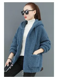 Coat Solid Lamb Fleece Overcoat Women's Hoodie Thick Cardigan Autumn Winter Loose Korean Simple Coat Streetwear Outer Wear