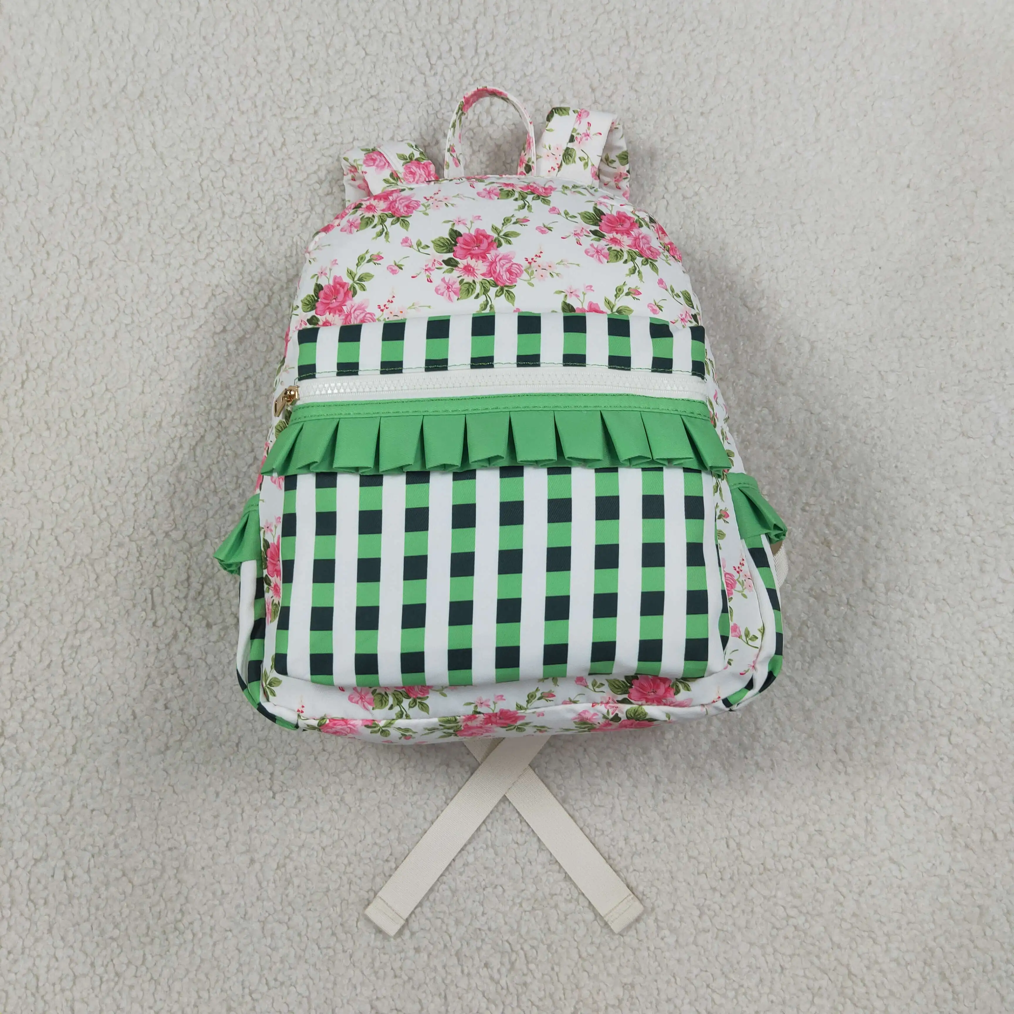Wholesale Children Green Plaid Outdoor Portable Kids School Toddler Flower Bag Baby Girl Floral Ruffle Backpack Daypack