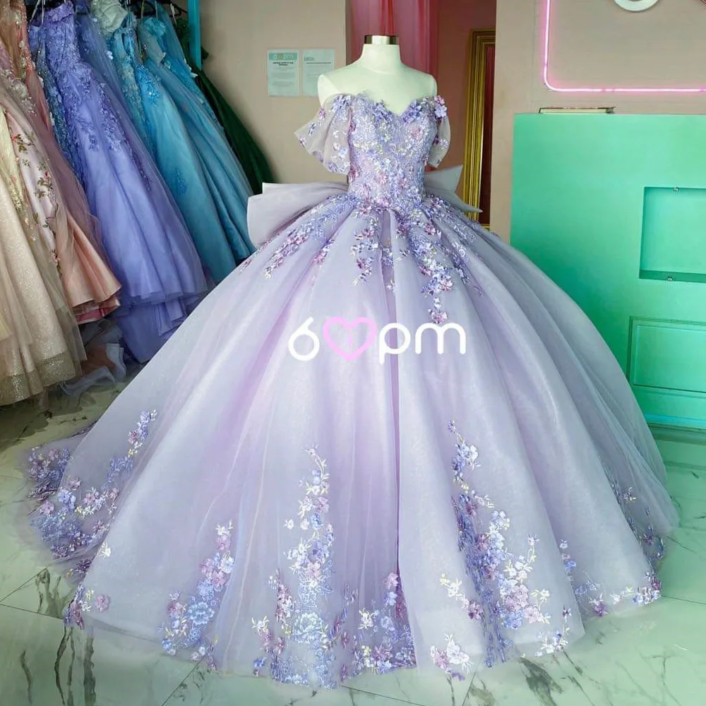 Vestido De quinceañera lila con hombros descubiertos, vestido De baile con apliques De flores en 3D coloridas, corsé dulce, 15 Años