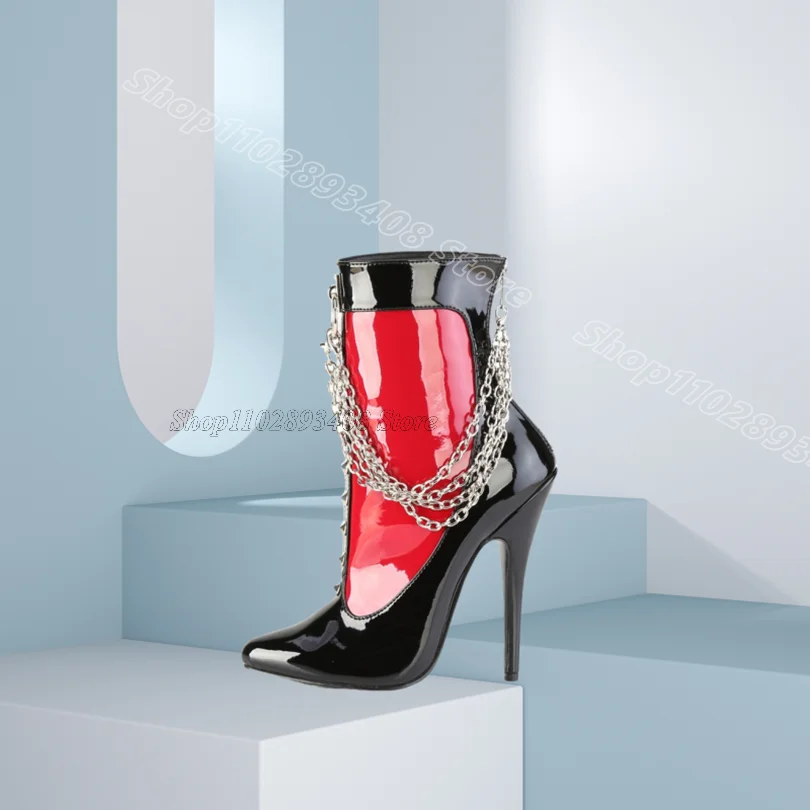 

Mixed Splicing Chain Rivet Ankle Boots Back Zipper British Style Patent Leather New Women Dress Party Boots Zapatos Para Mujere