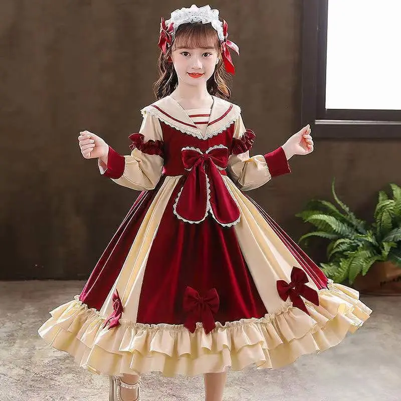 

European 2023 winter Autumn girls Clothes retro teens lace Lolita bowtie uniform Child Princess Puffy Dress 5 6 7 8 9 10 12 year