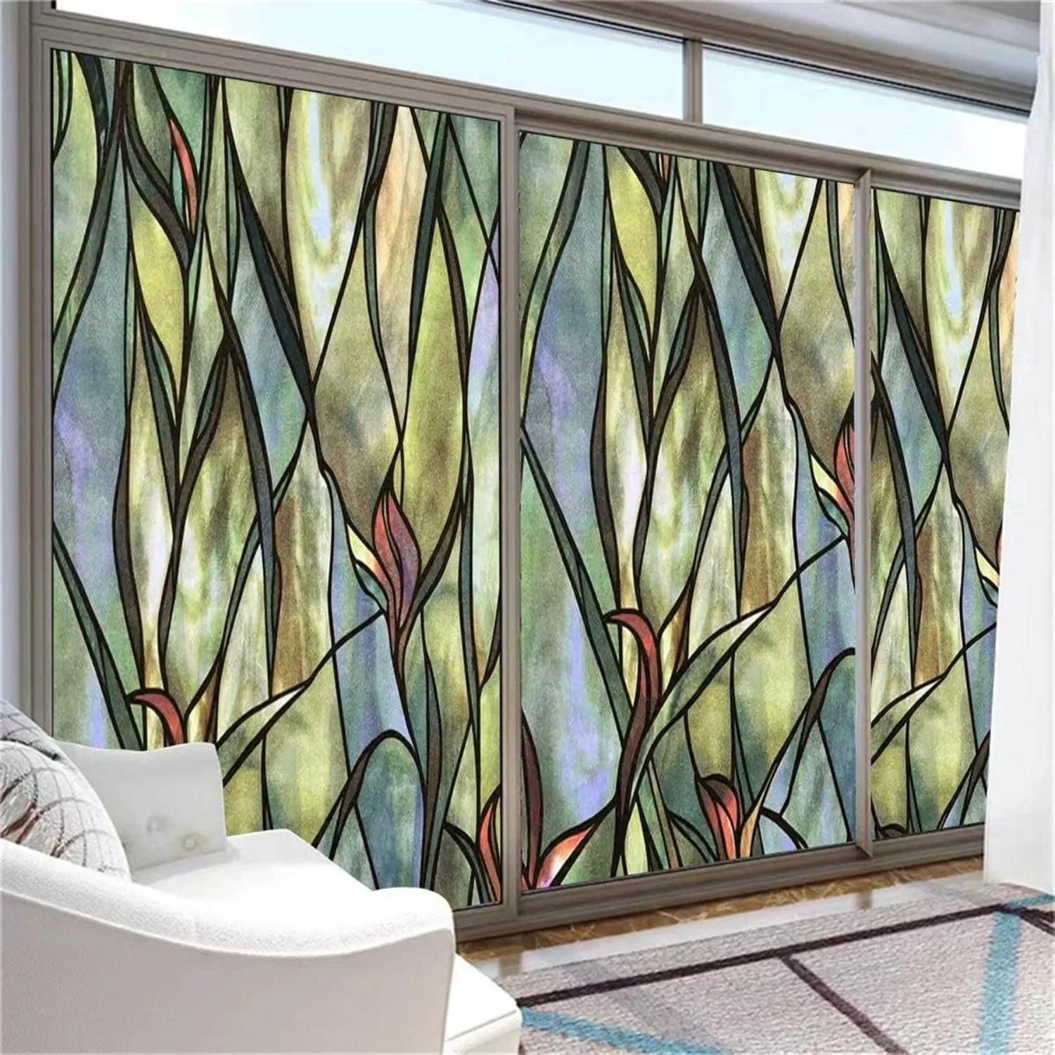 Green Leaf Window Film Stained Glass Static Cling Privacy Glass Sticker, Up To 90% UV Block Soft Sunlight Tint for Home Bathroom