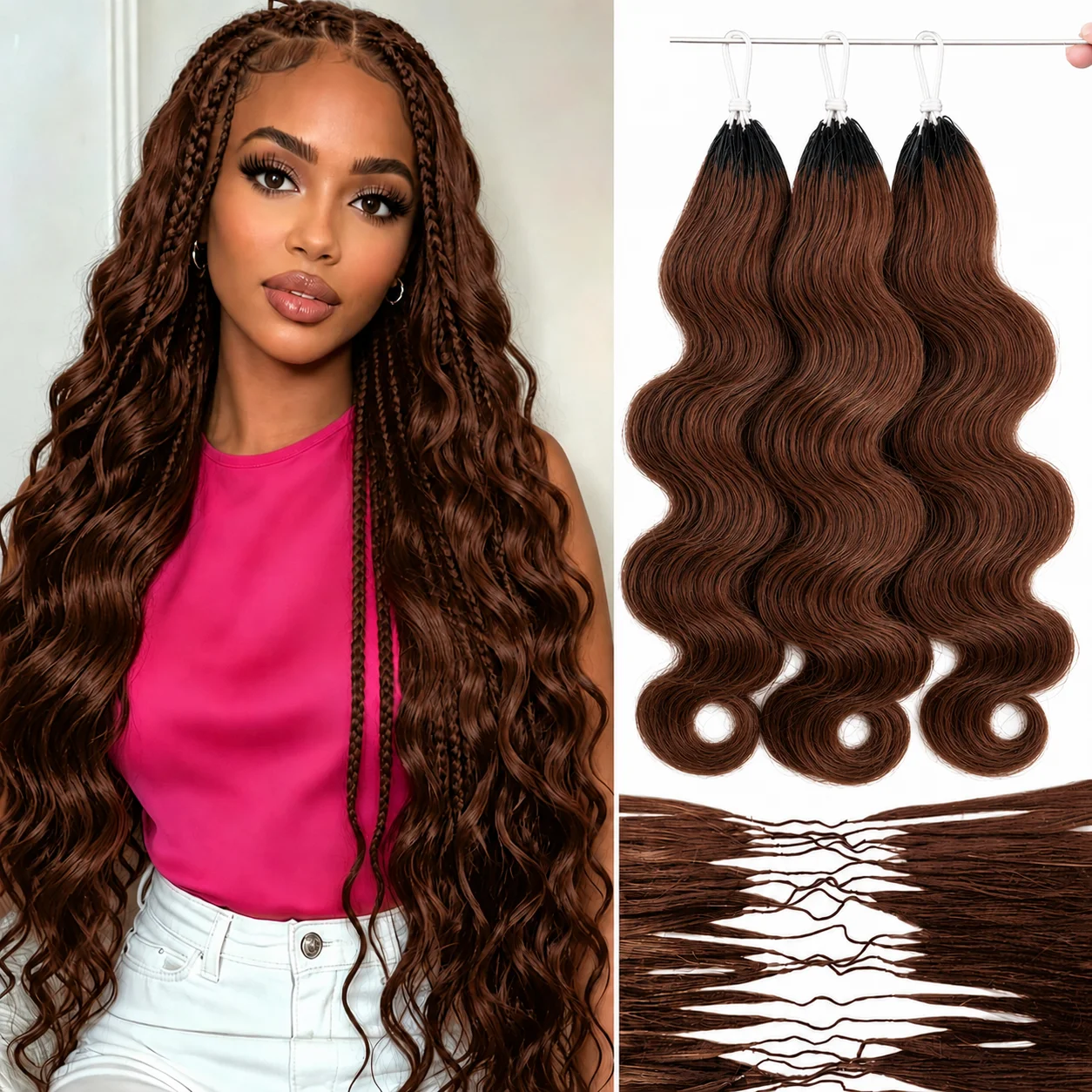 Extensions de cheveux humains au crochet Miracle Knots Brown, ondulés, ultra-doux et légers, pour tresses, pour femmes noires, pointes pleines