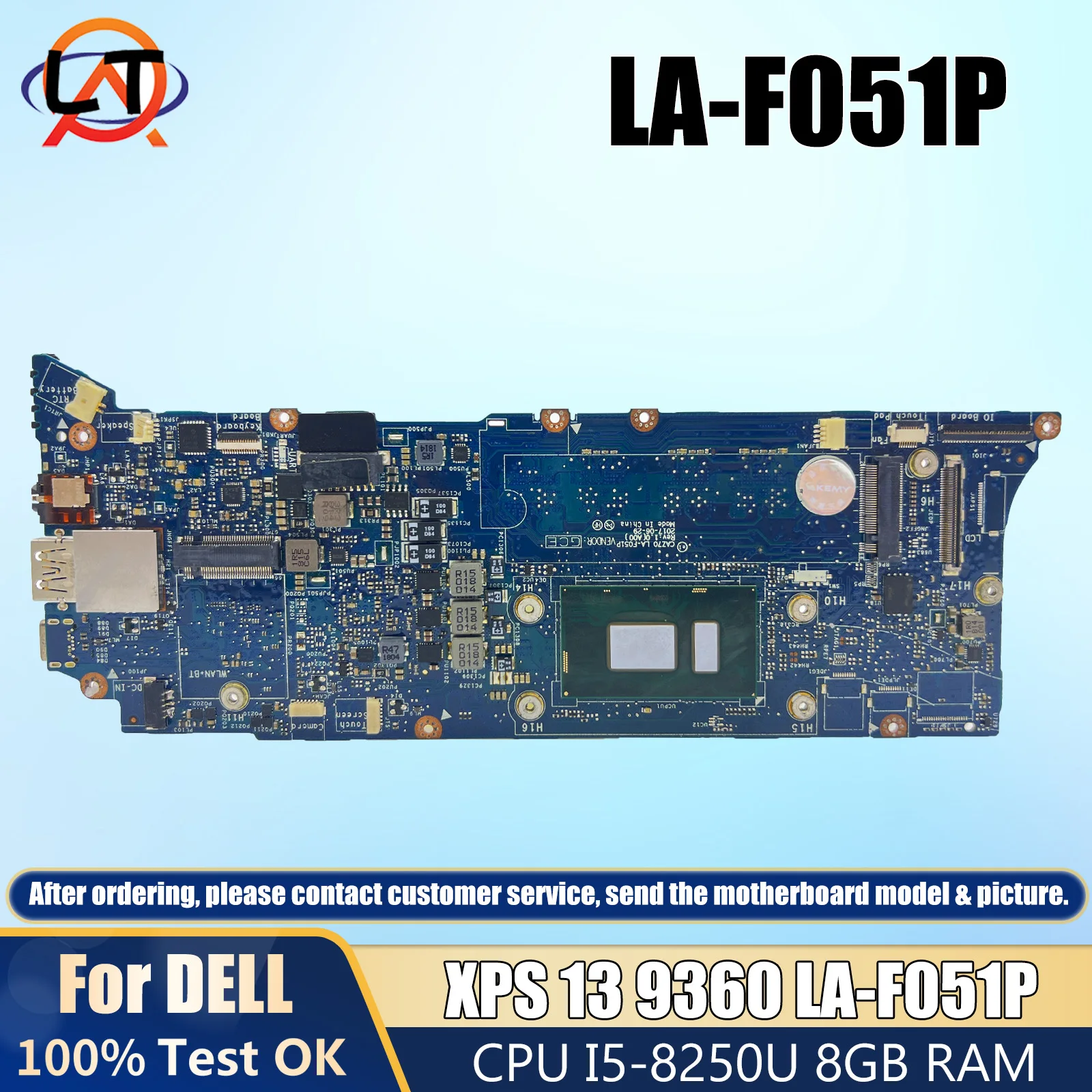 

CN-0D8261 For Dell XPS 13 9360 Laptop Motherboard LA-F051P 0D8261 D8261 I5-8250U CPU 8G RAM Mainboard Fully Tested