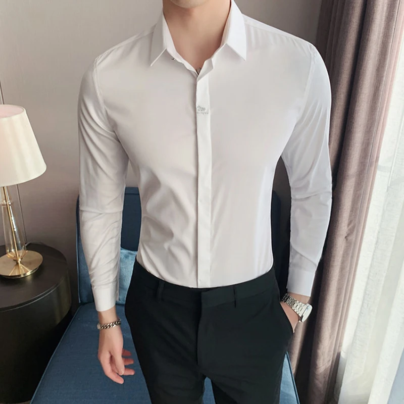 

2022 Fashion Business Casual Men's Long Sleeve Shirt With Concealed Door Placket Concealed Button Slim Fit Clothes