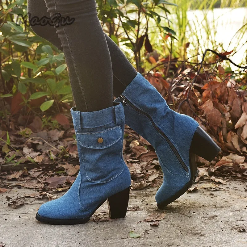 Women\'s Denim Mid-Calf Boots Pocket Decor Chunky Block Heel Ankle Boots Retro Western Style Casual Fashion Botas Mujer Size35-43