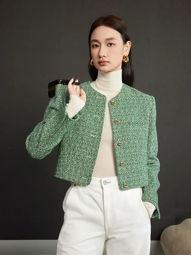 

Куртка Cokewei из художественного шерстяного твида с круглым вырезом и короткими рукавами, цвет аметист, из смесовой шерсти, классический французский стиль, маленький размер.