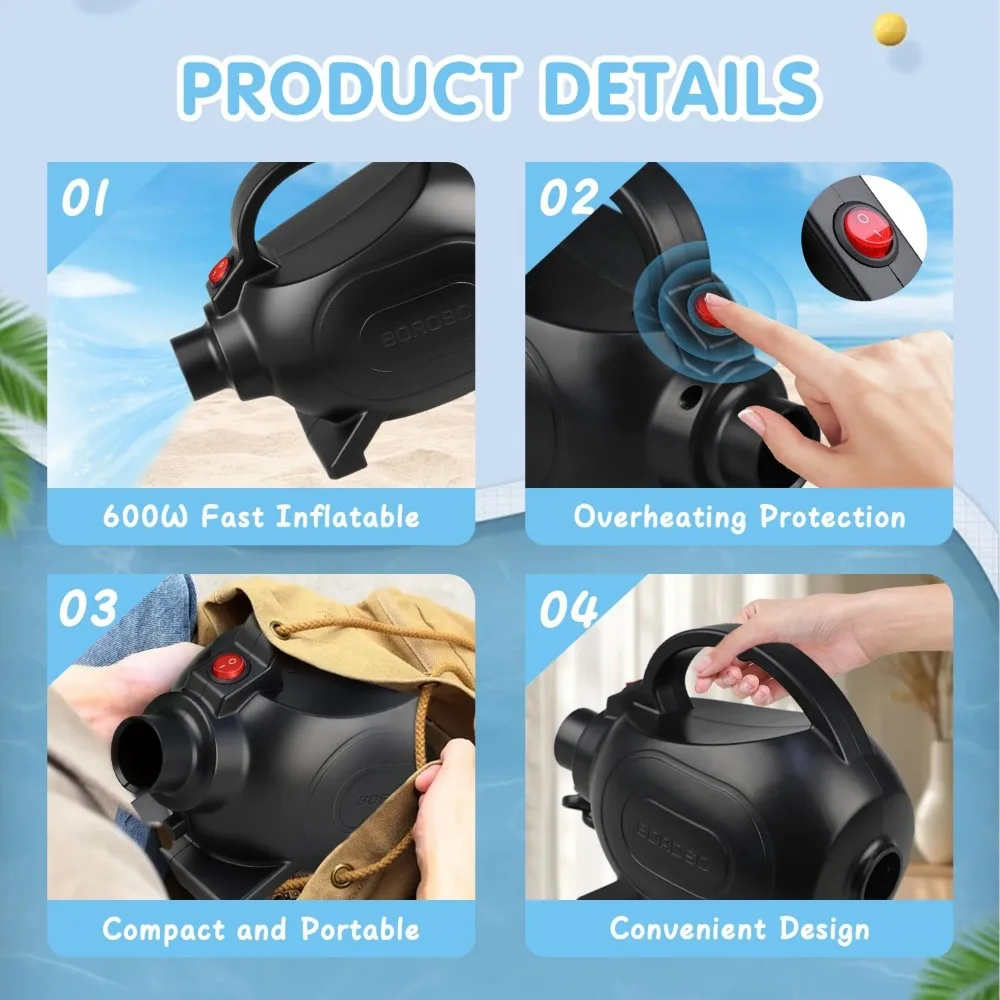 Electric Air Pump for Inflatable Pool Toys, Portable High Power Quick-Fill air Mattress, Boat, Raft, Inflator/Deflator with 4