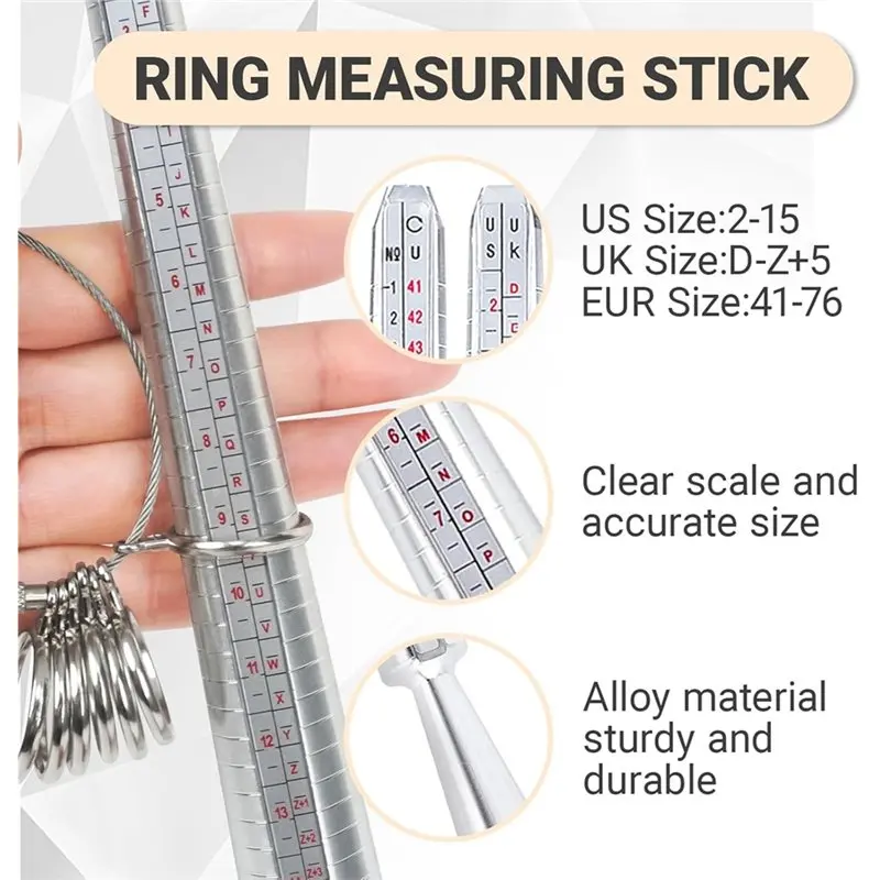 LICE-Ring Sizer Measuring Tool Kit(14 Pieces), Ring Size Adjuster, Mandrel, Ring Sizes Belt, Wiping Cloth, Etc