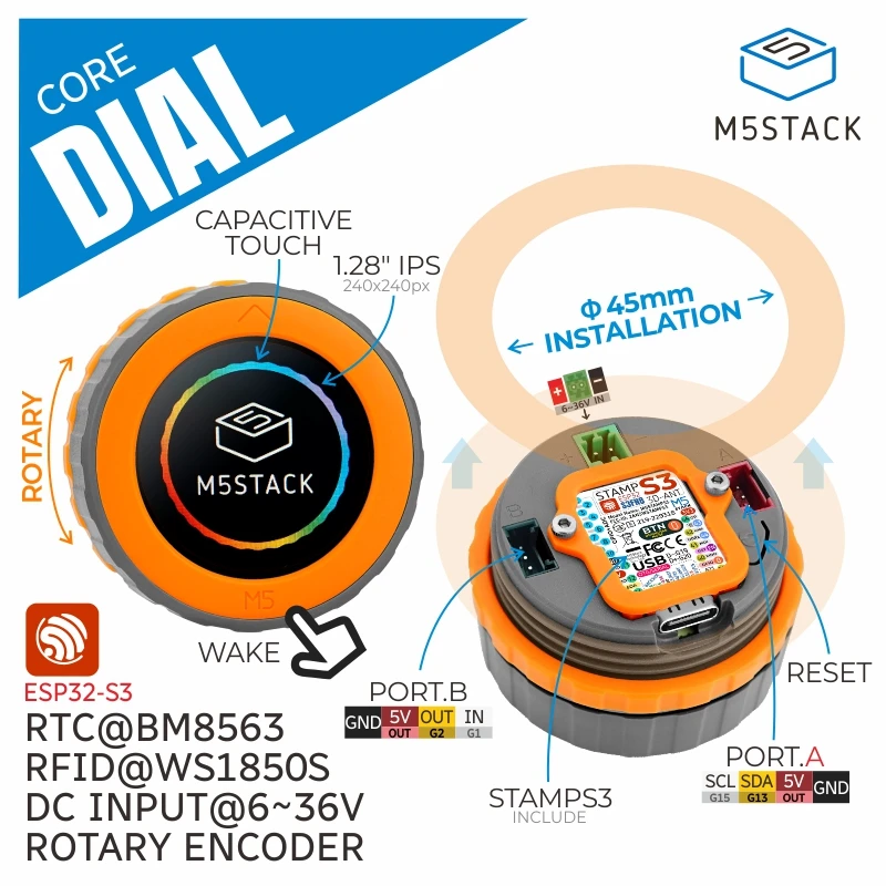 M5stack oficial m5dial ESP32-S3 m5stamps3 placa de desenvolvimento 1.28 polegadas tela de toque redonda controle de casa inteligente para uiflow