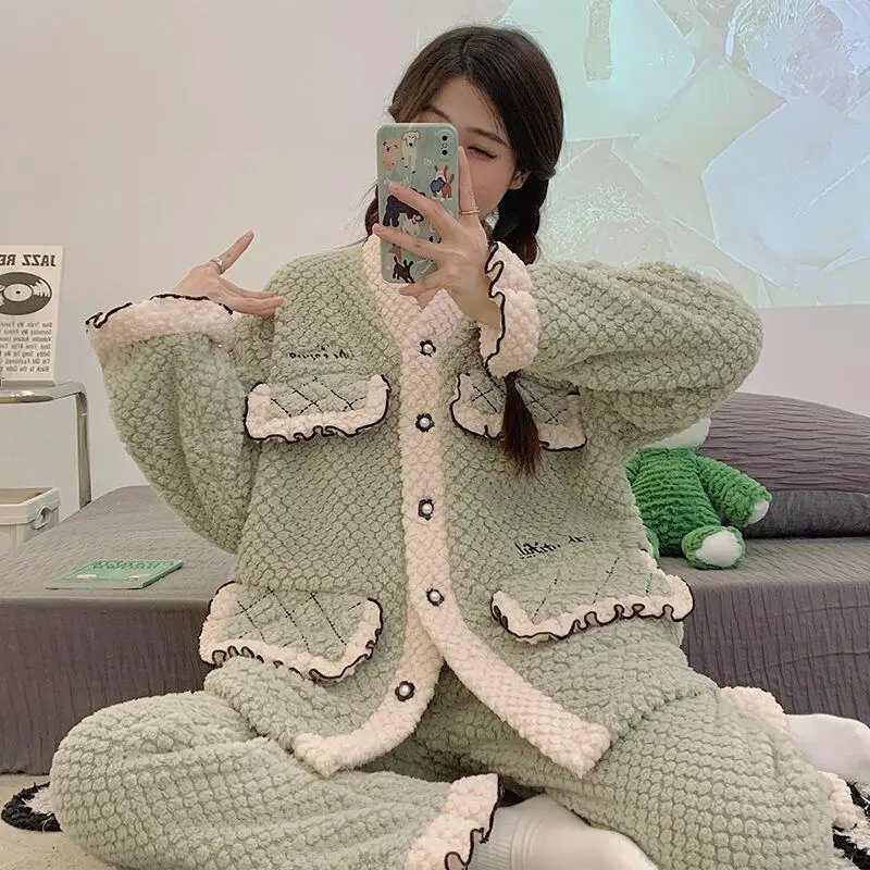 

Thickened Island Velvet Women's Sleepwear Long Sleeve V-Neck Home Clothes Comfortable Casual Style Autumn Winter Cute Home Suit