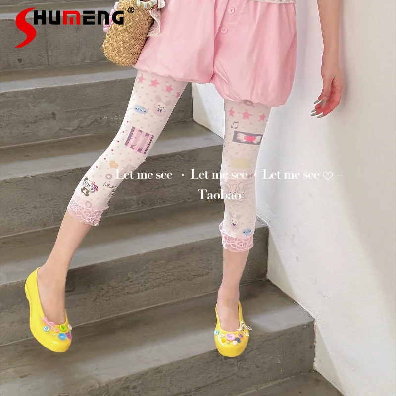

Japanese Y2K Cartoon Printed Capri Pants Sheer Polka Dot Cute Pattern Base Socks Niche Style For Girls Daily Casual Wear Tights
