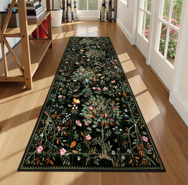 Elegant Dark Base Floral Long Runner Rug Luxury Decorative Non Slip Mat For Kitchen Corridor Living Room Home Decor Soft Floor