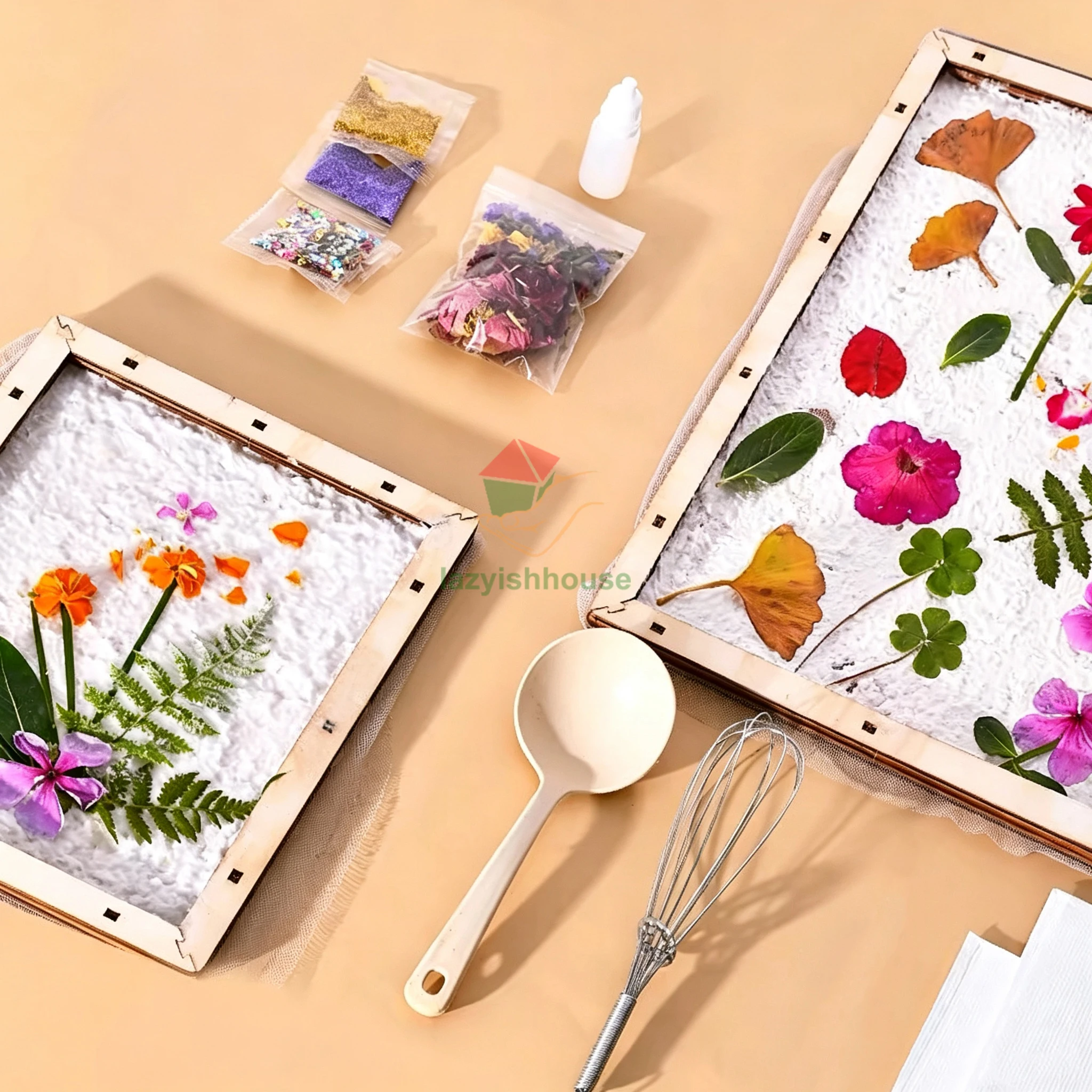 Ancient paper-making materials package children's flower and grass pulp set wooden frame mesh tool handmade DIY experiment new
