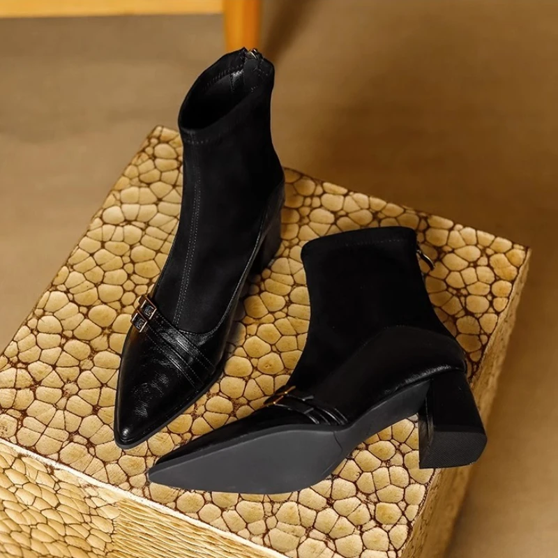 

High Heels Women Ankle Boots Pointed Toe Chunky Leather Shoes Winter 2025 Sexy Pumps Elegant Chelsea Boots Mujer De Zapatillas
