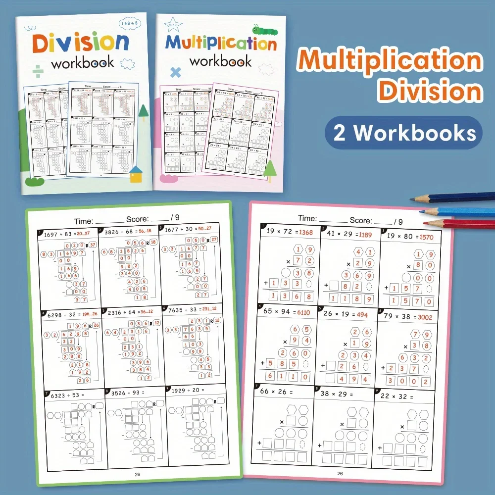 2 Books Multiplication Division Workbook Math Practice Worksheets for 3rd, 4th, & 5th Grade Kids Daily Practice Activity Books