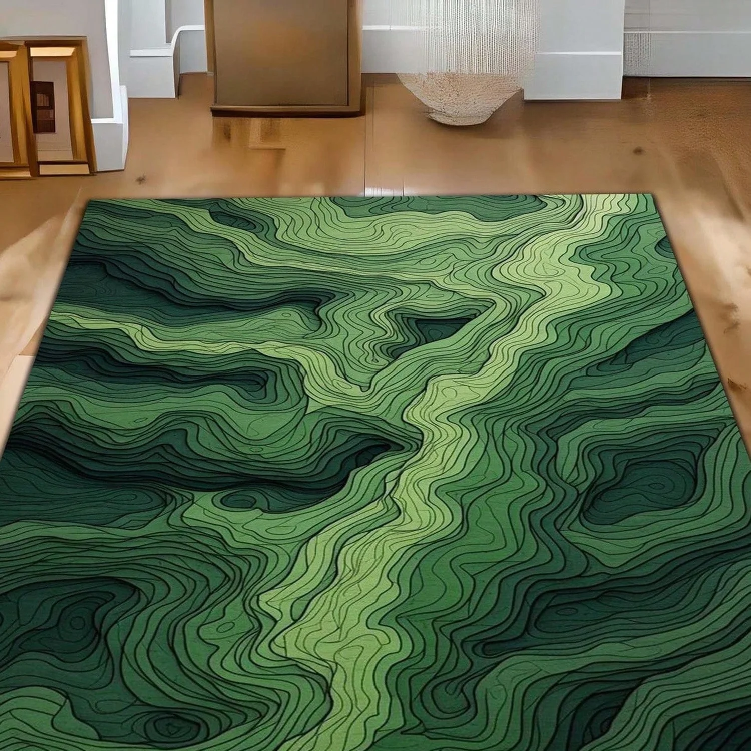 Green Terrain Pattern Carpet, Modern Abstract Style, Moo Moo Carpet, Emerald Green Carpet, Washable Carpet.