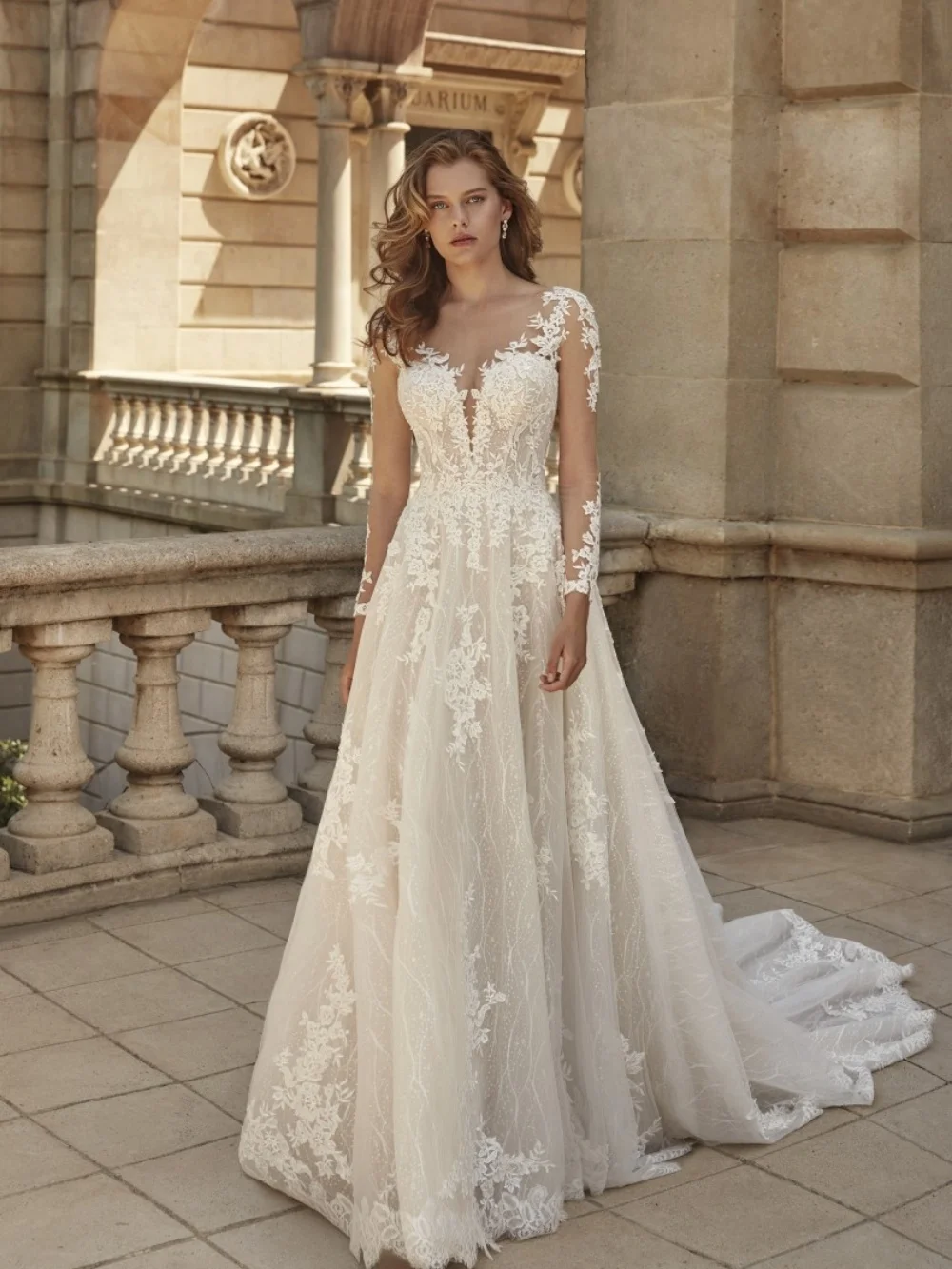 

Dignified Long-Sleeve Wedding Dresses Formal Lace Bridal Gowns Stylish V-Neck Floor-Length Wedding Gowns Vestidos De Novia