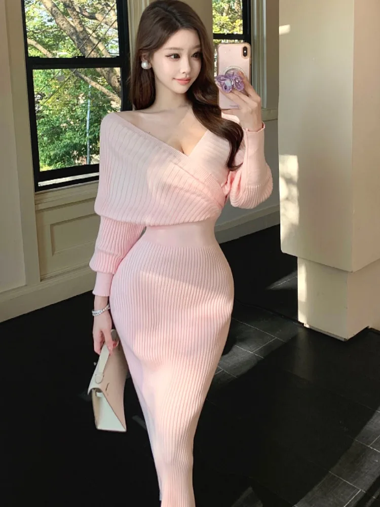 

Sexy Knitted V-Ne Long Dr Women's Autumn Winter Pure Desire Lady Fit Inner Wear Bodycon Skirt High Waist Long Skirt