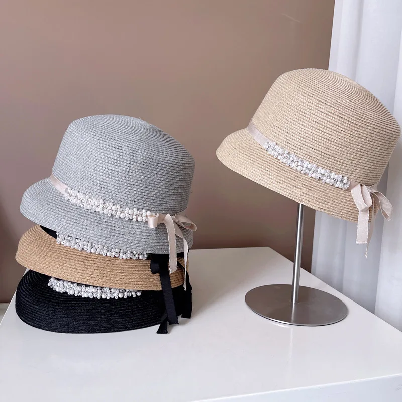 

Designer delicate rhinestone beaded chain bow fisherman hat summer outing sun protection breathable straw hat