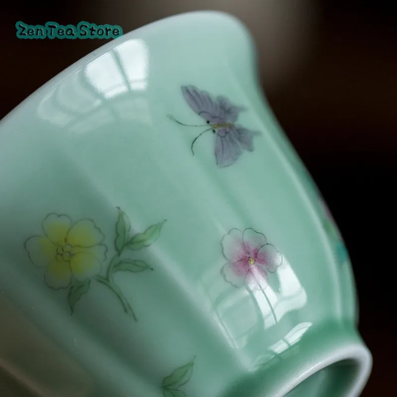 Hand-painted Celadon Small Flower Butterfly Three Only Cover Bowl Kung Fu Tea Set Small Fresh Home Tea Bowl