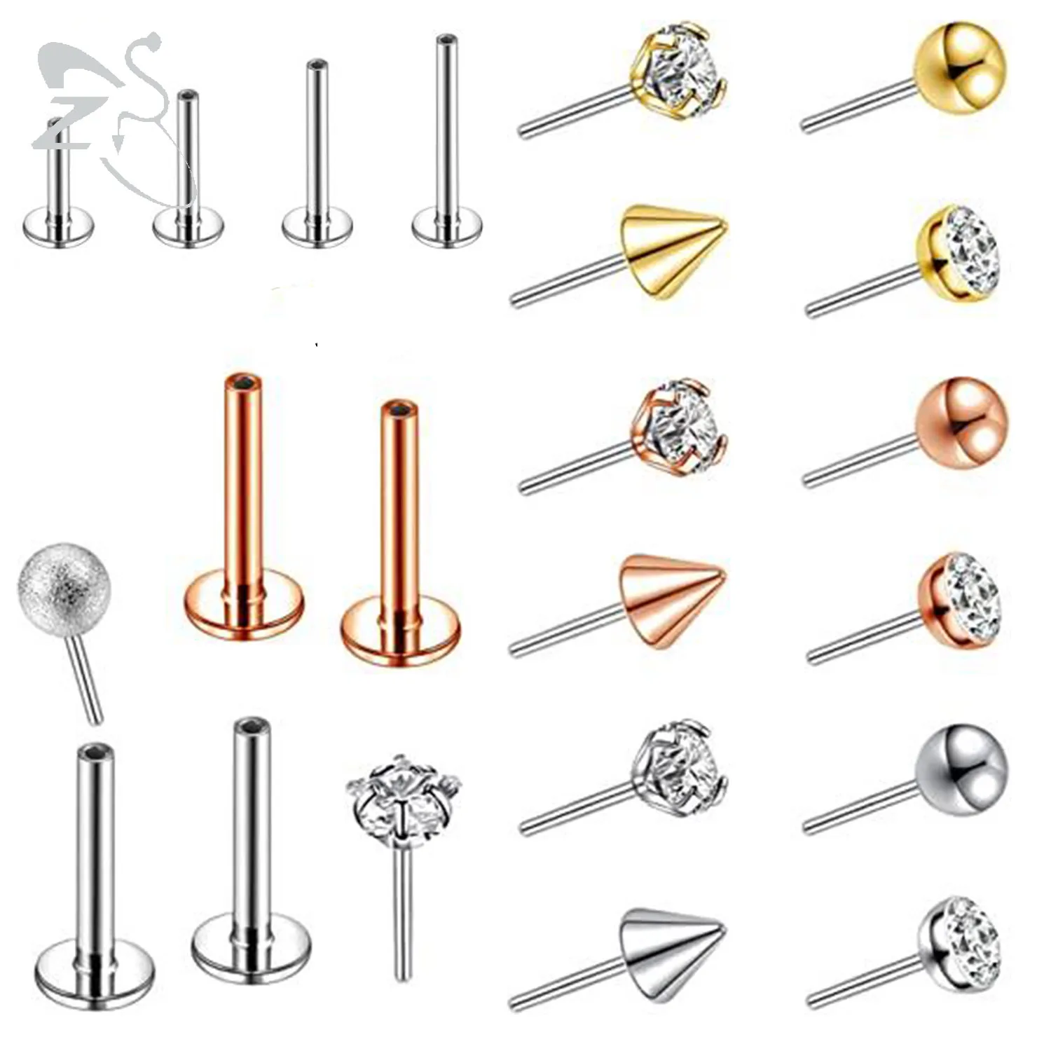 ZS 6-13PCS/LOT 16G Push-In Lip Ring Stainless Steel Crystal Lip Stud Ear Screen Spiral Earring for Women Tragus Helix Piercings