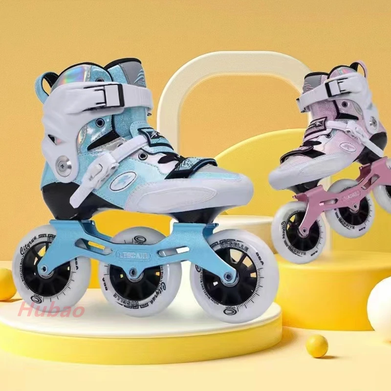 Patines de velocidad de fibra de carbono para niños, 3 ruedas, patines en línea para jóvenes, zapatillas de ruedas, azul, rosa, talla 27-38