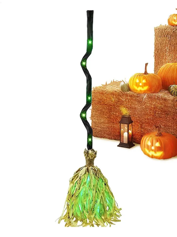 Glowing Witch Broom with Sound Effects Auto Bouncing for Haunted House Escape Room Party Indoor Halloween Decoration