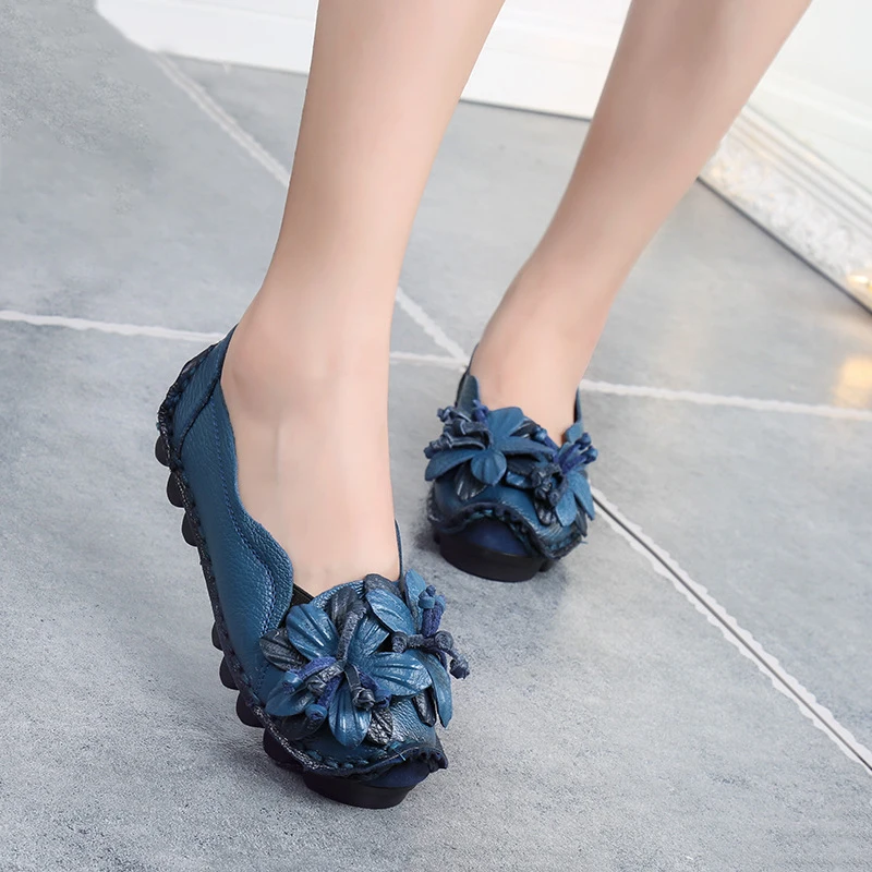 Zapatos planos de Ballet de cuero Real Vintage para mujer, mocasines antideslizantes azules, zapatos impermeables para conducir, talla grande 42
