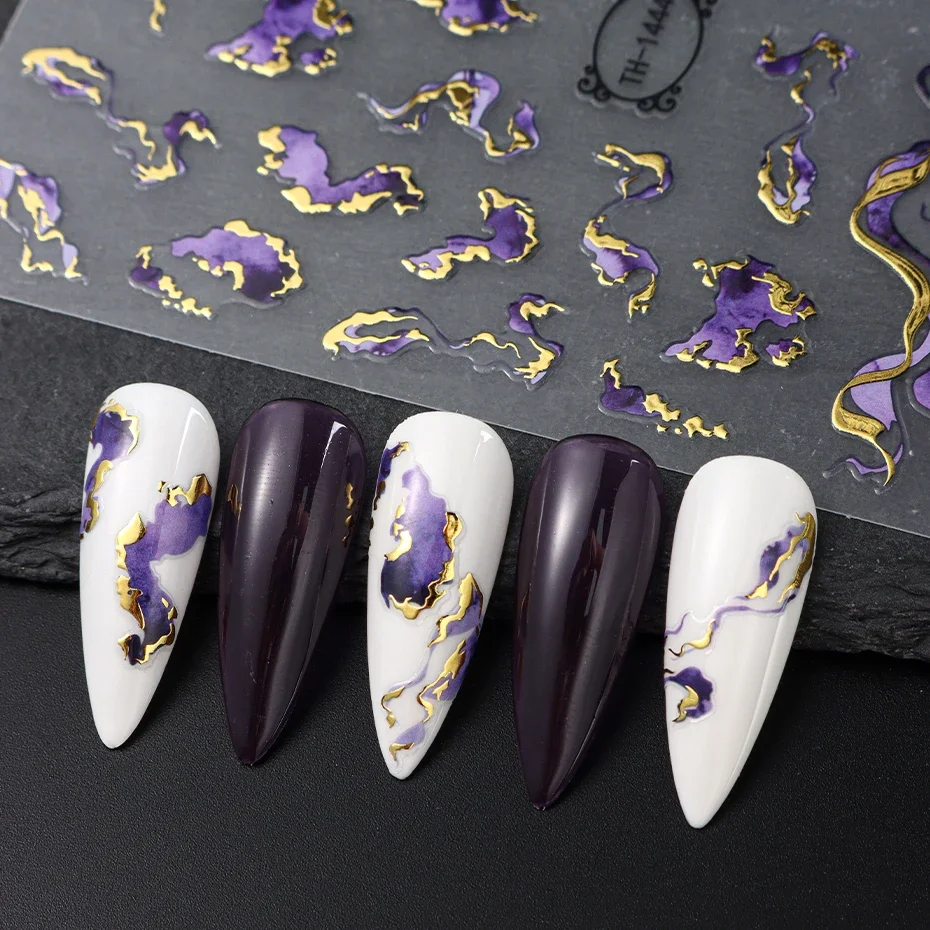 Adesivi per unghie Viola Blu Marrone Inchiostro Design Decalcomanie Decorazioni dorate Arte Gel olografico autoadesivo Cursore Forniture per manicure