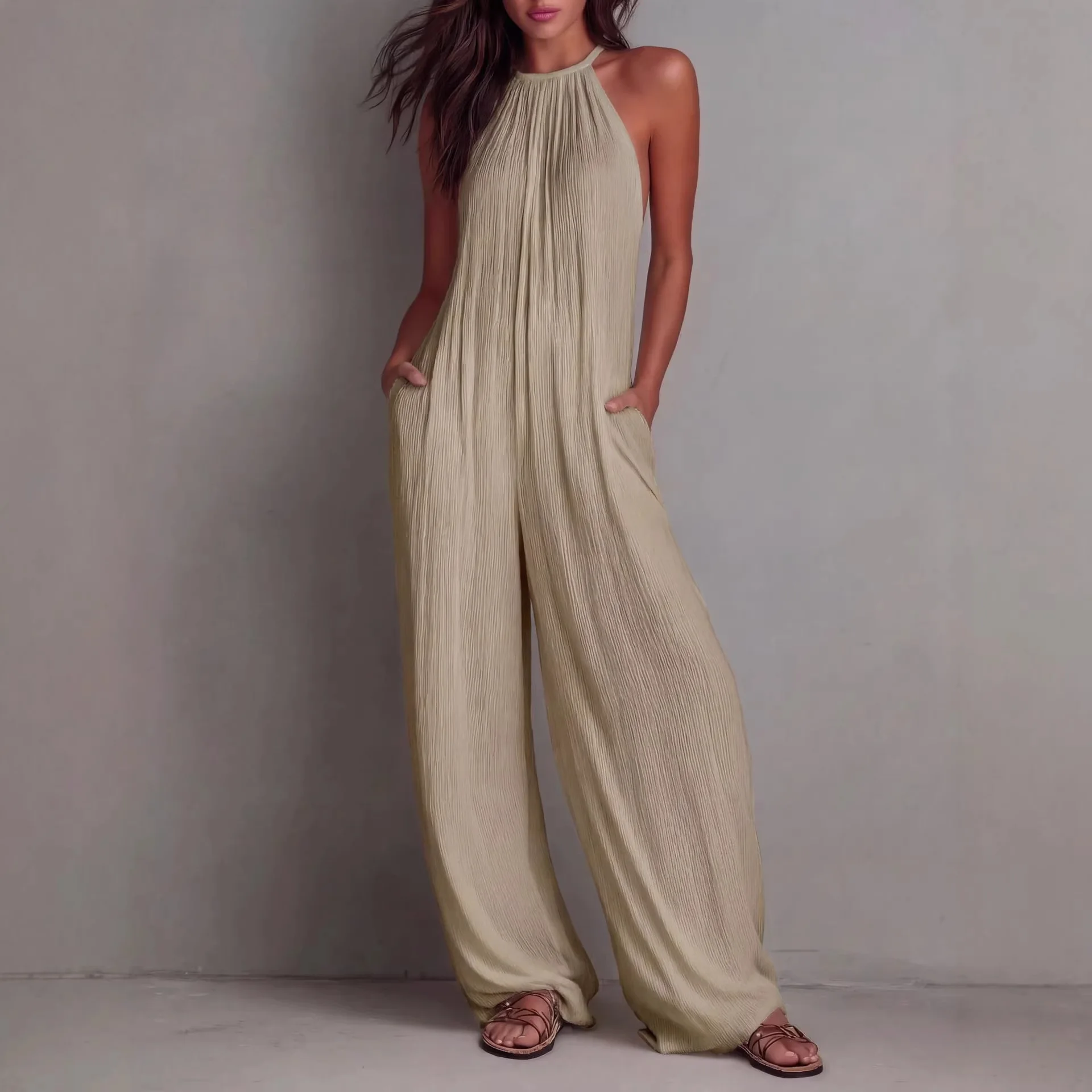 

2026 Spring High Waist Wide Leg Suit Backless Sleeveless Hanging Neck Cross-Border White Pleated Women's Suit
