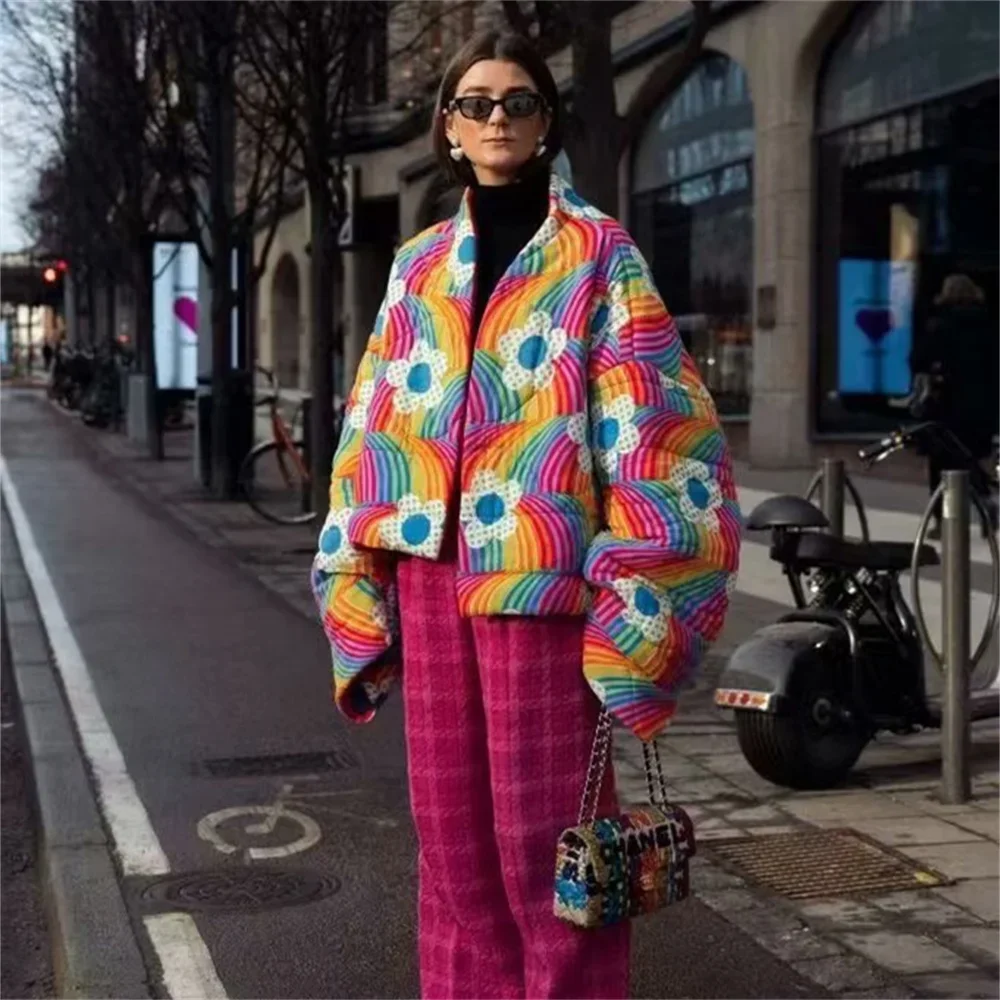 Women's cotton clothing 2025 autumn and winter new rainbow flower fashion jacket with cotton clip