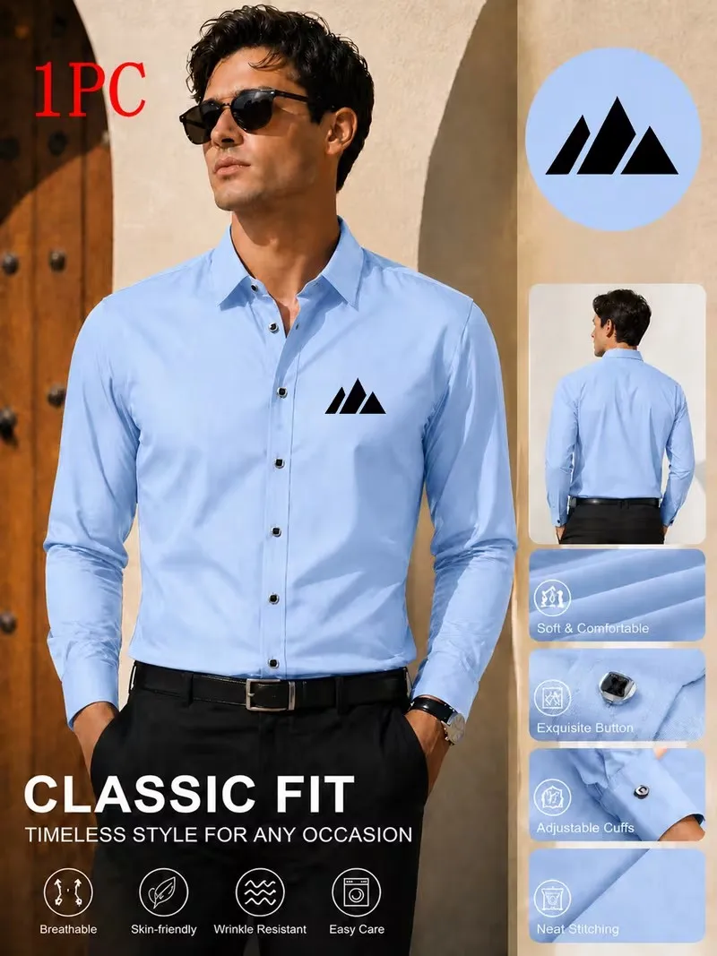 1PC Men's Premium Business Casual Shirt with Logo Print Long Sleeve Slim Fit Wrinkle Resistant Formal Office Daily Shirt