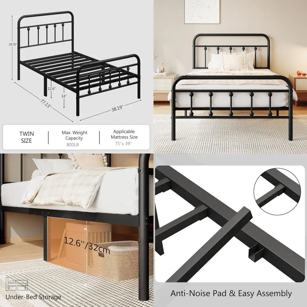 

Черная металлическая кровать-платформа с двумя ярусами и стальными ламелями, простая сборка, без пружинного блока, место для хранения под кроватью, бесшумная.