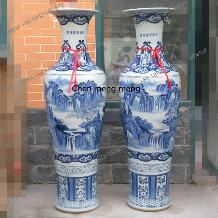 A74Ceramic floor-to-ceiling vase, antique hand-painted, blue and white floor-to-ceiling vase, interior decoration ornament