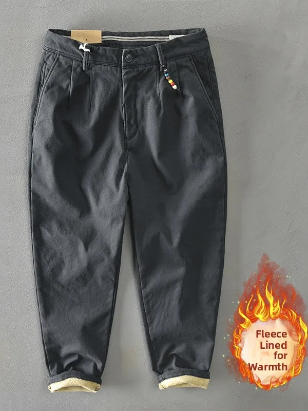 

Thiened Fce Autumn Winter Men's Casual Pants Loose Straight Leg Warm Workwear Trousers Japanese Sle Pure Color Versatile