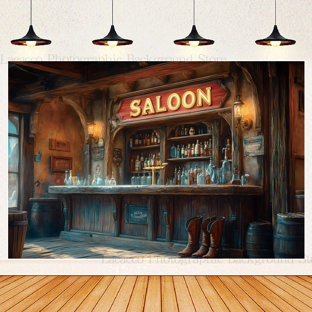 Fondo de salón occidental Vintage, taburete de barril de madera de vaquero occidental, oficina de correos, fondo de fotografía para fiesta de cumpleaños, fotomatón