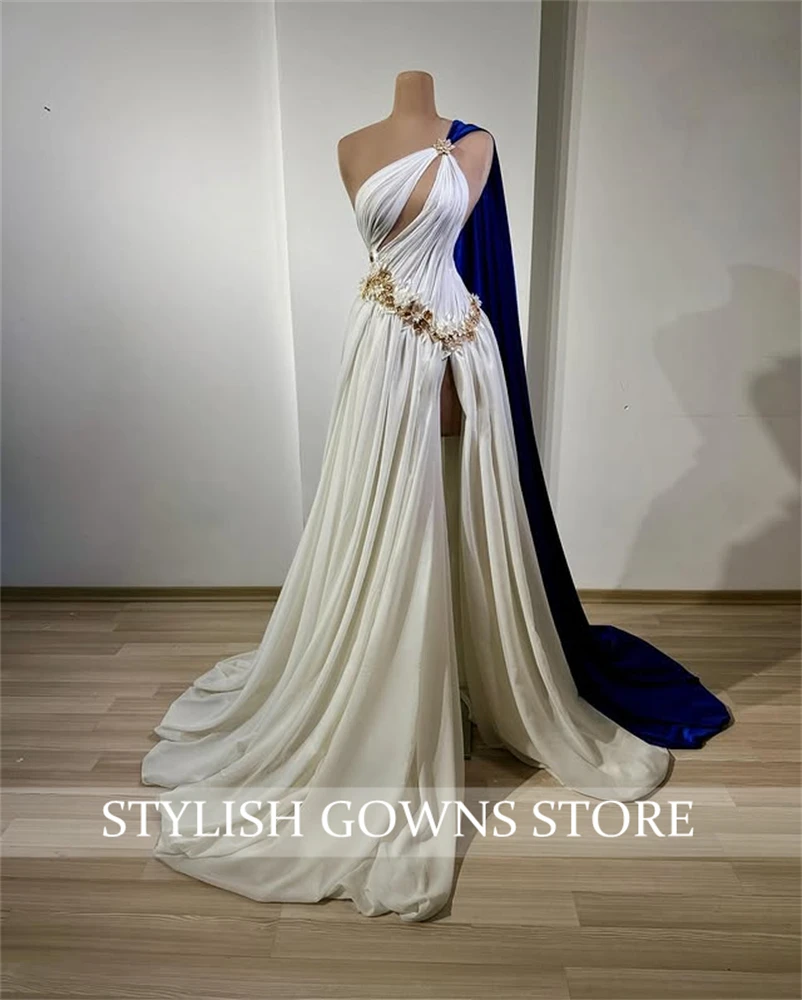 Sexy White One Shoulder Evening Dress 3D Flowers Elegant Wedding Sleeveless Royal Blue Cpae Party Prom Dresses Robe Customized