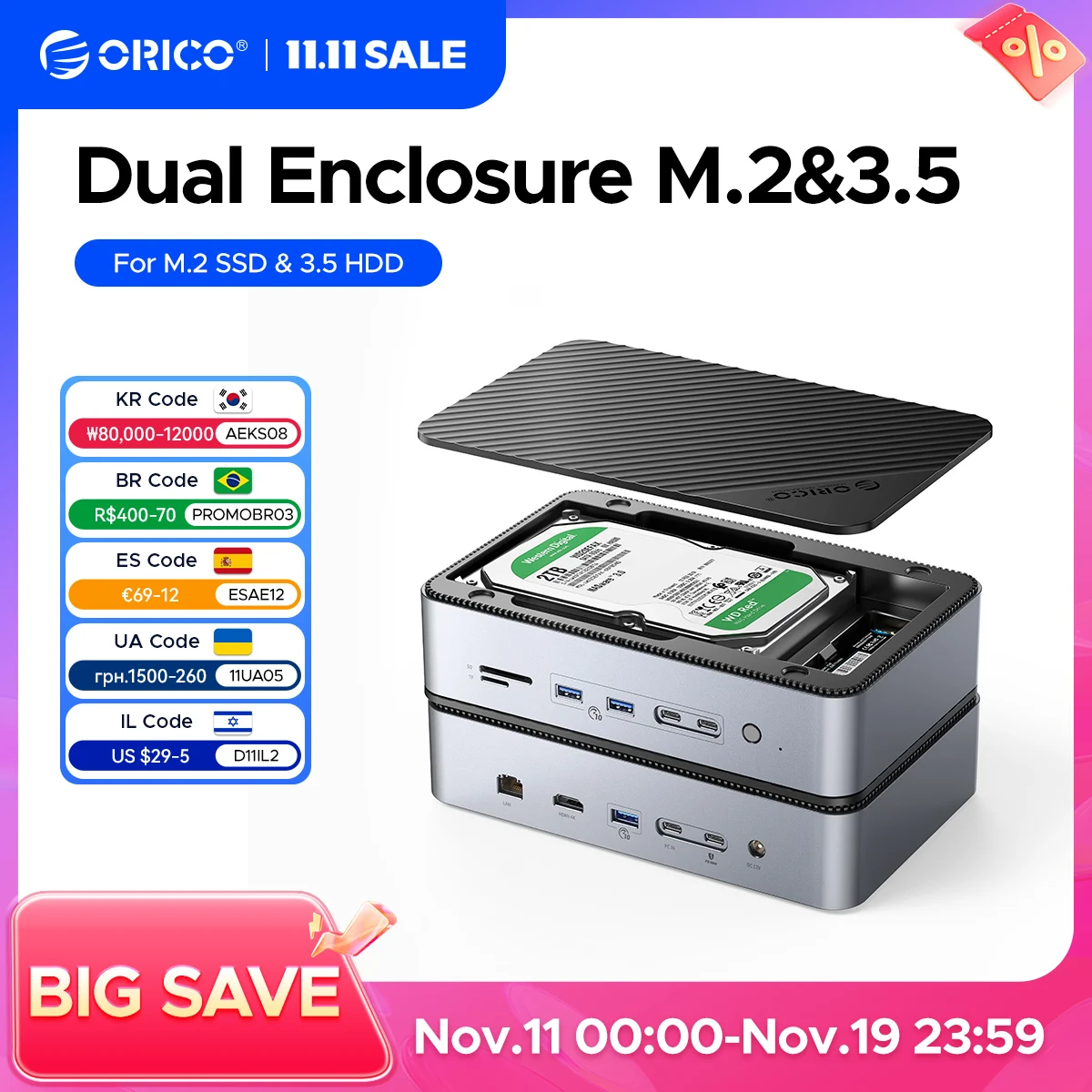 

Док-станция ORICO с двойным SSD-накопителем M.2 NVME, корпус для жесткого диска 3,5, паровая док-станция 10 в 1, HDMI, 4K60 Гц, PD100W Ethernet