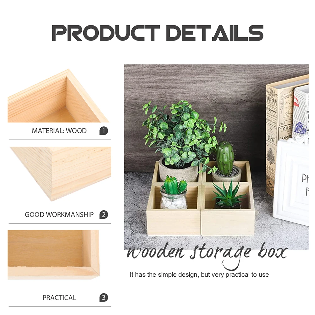 

4 Pcs Storage Wooden Box Boxes Containers for Crafts Crate Crates Organizing Square Desk Organizers and Office Small